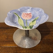 VTG? Rodney Kent Pedestal Handwrought Ceramic Bowl W/ Alumimun Base Floral Shape picture