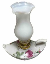 VTG Moss Rose Mini Aladdin Ceramic Porcelain Hurricane Oil Lamp Milk Glass Globe picture
