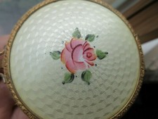 VINTAGE 1930s YELLOW GUILLOCHE & PINK ENAMEL ROSES GOLD COMPACT MESH BASE picture