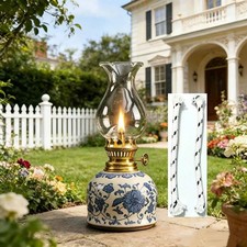 Vintage Blue White Ceramic Oil Lamp 2 Wicks Kerosene Lantern Home Decor picture