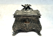 Antique Ornate Footed Silver / Silver Plate Hinged Jewelry Casket Trinket Box picture