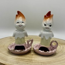 RARE HTF PAIR Vtg Ucago Anthropomorphic Flame Candle Ashtray Japan Kitschy CUTE picture