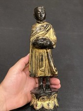 Vtg Polychrome Black Painted Gilded Carved Wood Buddha Holding Lotus Bowl 10.5” picture