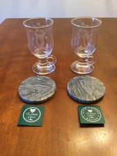 Vintage Irish Coffee Mugs Etched Design Eamon  Glass & Coasters- Set Of 2 picture
