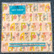 Vintage Hy-Sil Gift Wrap Wrapping Happy Birthday Vines Flowers 2 Sheets 20x30 picture