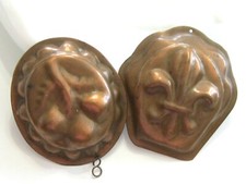 SMALL ANTIQUE SWEDISH SWEDEN MOLD PAIR / SET w FLEUR DE LIS & PEARS - COPPER TIN picture