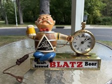 WORKING BLATZ BEER SIGN CLOCK POCKET WATCH BARREL GUY LIGHTED CHALKWARE STATUE picture