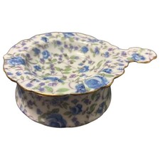 Vintage Porcelain Tea Strainer Rest Bowl Blue Purple Chintz Floral Gold Trim picture
