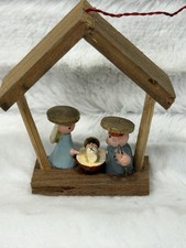 Vintage Miniature Nativity Manger Wooden Christmas Ornament~Hand Painted 3” picture
