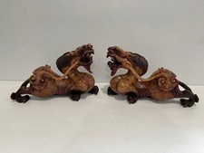 Pair Antique Chinese Soapstone Pixiu Dragon Statues Bixie Mythological Beasts picture