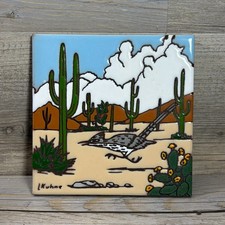 Vintage Art Tile Trivet L. Kuhne Roadrunner Desert Southwest Earthtones 6
