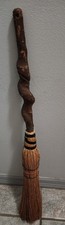 Handcrafted World Famous Vtg. Olge's Straw Broom w/ Carved Twisted Wood Handle picture