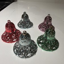 6Vtg 1950-60s Bradford Unbreakable Plastic Filigree Bells Christmas Ornaments picture
