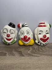 3 Vtg 80s Ceramic Hanging Sofia Ann Clown Heads Bowtie Collar Creepy Weird picture