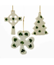 KURT ADLER SET OF 3 PORCELAIN IRISH CHRISTMAS ORNAMENTS - TREE, CROSS & SHAMROCK picture