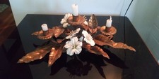 Vtg Italian Mid Century Gilt Tole Gold Leaf Floral Tri Candle Holder Centerpiece picture