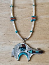 BEAR SUNFACE MOTHER OF PEARL TURQUOISE CORAL INLAY NATIVE AMERICAN NECKLACE picture