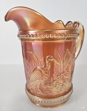 Diamond Dugan Stork & Rushes Beaded Band Marigold Carnival Glass Pitcher 8