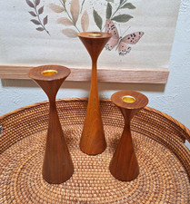 Antique Mid Century Danish Teak Candle Holder  1960s Set Of 3 Brass picture