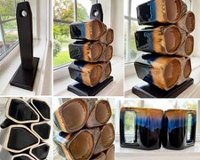 Vintage Rodolfo Padilla Pottery Set 6 Stacking Mugs + Wood Stand Signed Mexico picture