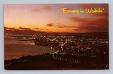 Vintage Hawaii Postcard HONOLULU Evening Waikiki Lights Helicopter 1970 picture