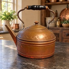 Antique English George III Copper Kettle c.1800 Dovetailed Gooseneck Wood Handle picture
