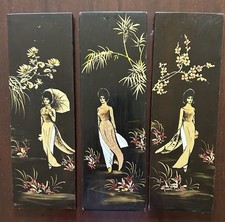 (3) VINTAGE MCM Oriental Asian Black Lacquer Plaques 12”x4” Wall Art picture