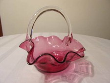 NICE CRANBERRY GLASS HAND BLOWN BASKET WITH CLEAR HANDLE picture
