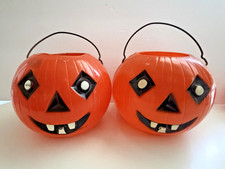 Two 1950s Rosbro Hard Plastic Halloween Pumpkin/JOL Container w/Metal Bail picture