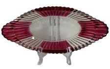 9” Clear & Ruby Red Jeannette Glass National Oval Ribbed Bowl Flashed picture