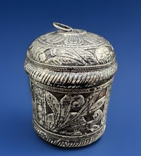 Antique Ornate Round Embossed Silver Metal over Wood Decorative Container 4” picture