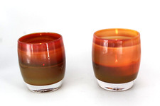 Set of 2 Jane’s Caramel Handblown Art Glass Votives – Striped Candle Holder Fall picture