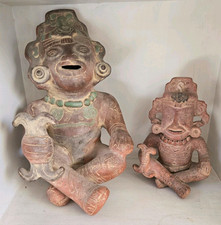 Vintage Mexican Pottery Pre Columbian Style Seated Figures Birds Folk Art Pair picture