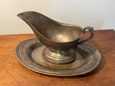 Silver Plate Gravy Boat & Tray w/ Oval Underplate, Floral Rim, Maker Mark picture