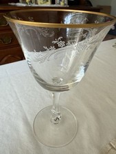 Vintage 1950s Fostoria Golden Lace Crystal Water Goblet Etched Design & Gold Rim picture