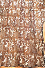 ANTIQUE IVORY EMBROIDERED CHINOISERIE BLACK NET LACE FABRIC approximate 63X43 picture