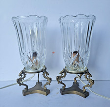 A Pair Vintage Crystal Glass Brass Light Lamp Boudoir Tulip Hollywood Regency picture