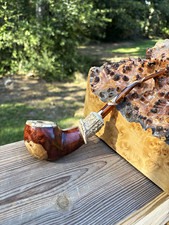 Half bent Amboyna burl Apple pipe with olive chamber insert. Gold acrylic stem picture