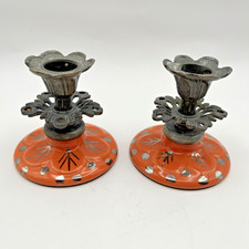 Anthropology Orange Halloween Ceramic and Metal Mid Century Candle Holders picture