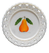 Kemple White Milk Glass Hand Painted Pear Lace Edge Hearts Beaded Plate picture