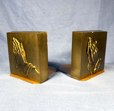 Gold Metallic Metal Praying Hands Relief Religious Bookends Pair Set picture