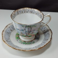 Vtg Royal Albert Silver Birch Footed Tea Cup & Saucer Set Bone China Gold Gilded picture