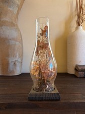 70’s Vintage Dried Floral Diorama in Glass Oil Lamp Chimney on Wood Base 11” picture
