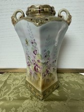Antique Nippon Square Moriage Vase Hand Painted Signed P. Sy ButterflyPansy 9.5