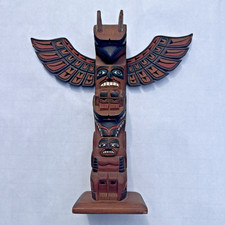 Vintage Gary Rice Pacific Northwest Coast 12” Carved Wood Totem Pole Wing Damage picture