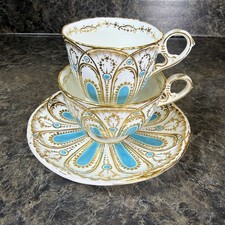 Stunning Rare 19th Century Coalport Trio Coffee Tea Cup Saucer Turquoise Blue picture
