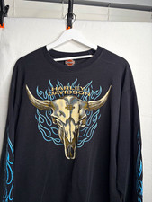 Vintage 90s Harley Davidson bull skull blue flames long sleeve t shirt men’s XL picture