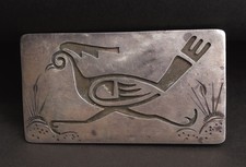Old Hopi Desert Roadrunner Overlay Design Vintage Sterling Silver Belt Buckle picture