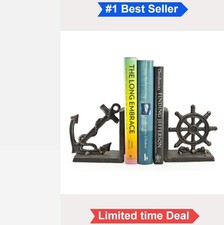 Nautical Bookend Set 2 Piece Iron Anchor Captains Wheel Bronze Patina 5.5 In picture