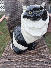 Vintage 1970s Large Ceramic Persian Cat Statue | Black & White Tuxedo Fluffy Cat picture